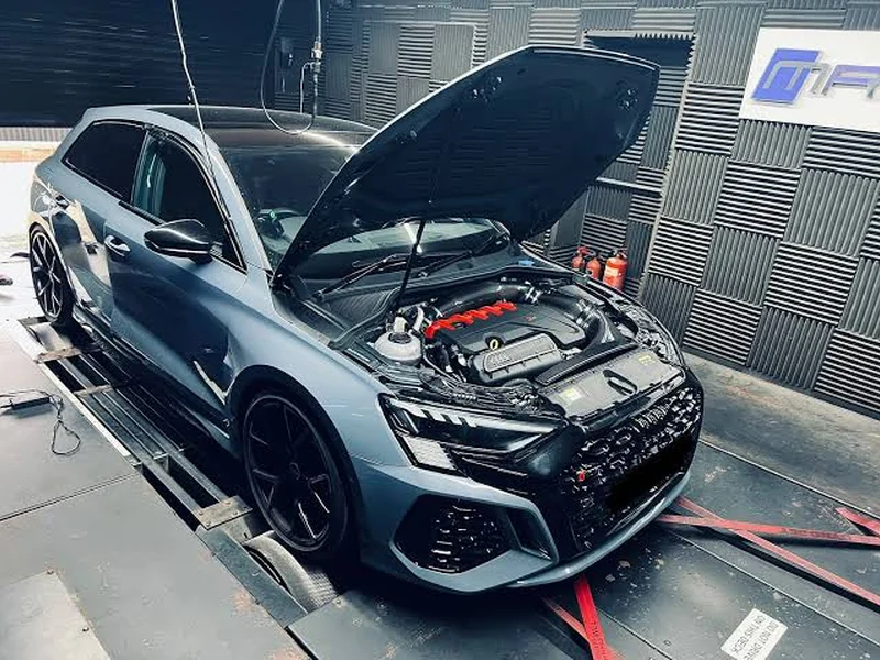 Grey Audi RS3 on a dyno with the bonnet open