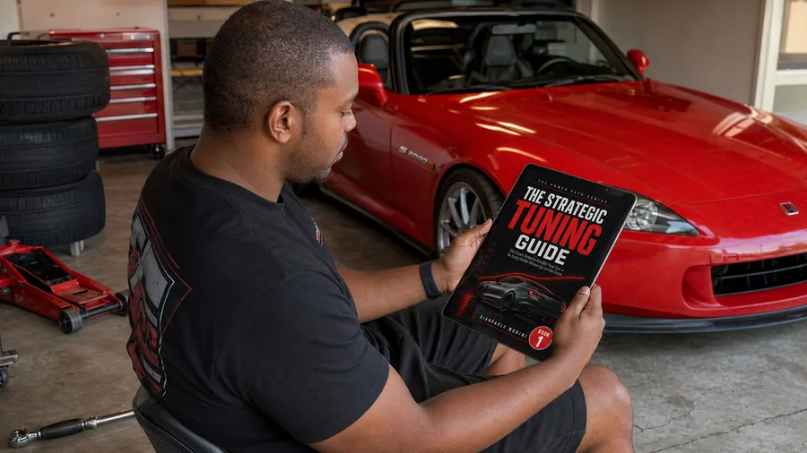 Book 1 on tablet next to a Honda S2000