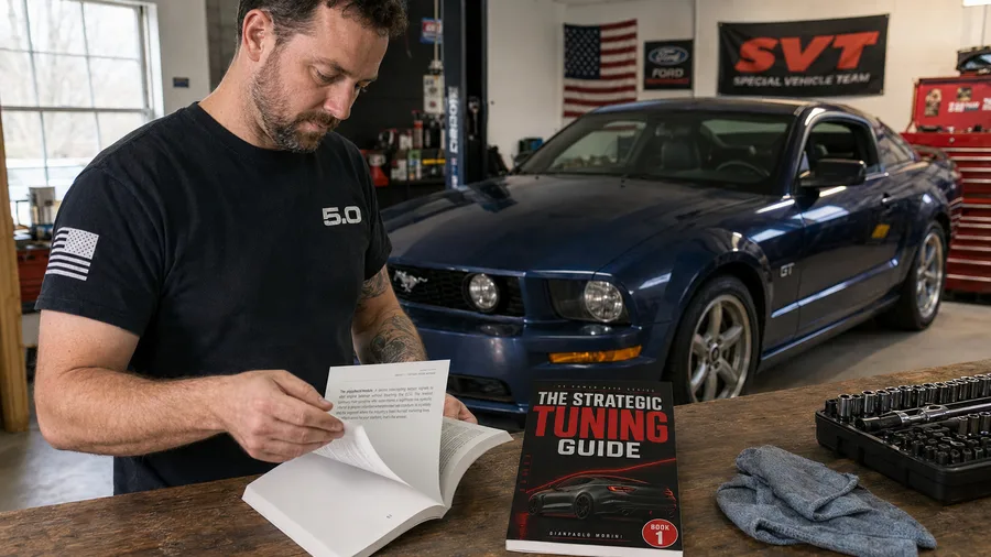 Printed copy open on a workbench next to a Mustang GT